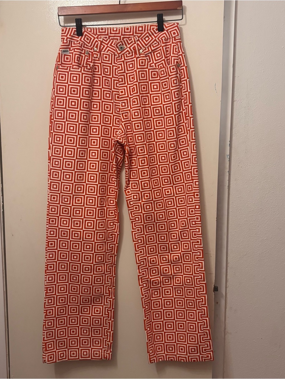 The Ragged Priest Orange and White Geometric Straight Leg Pants